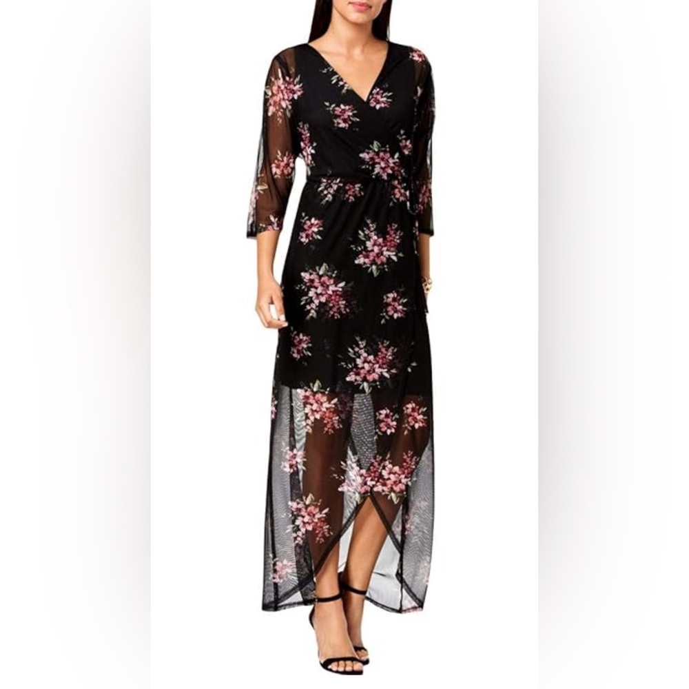Connected Apparel Womens Black Floral Mesh Overlay Wrap Maxi Dress size 10